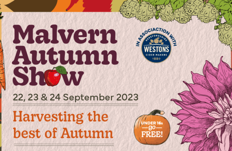 Malvern Autumn show graphic with seasonal flower, fruit and vegetable illistrations