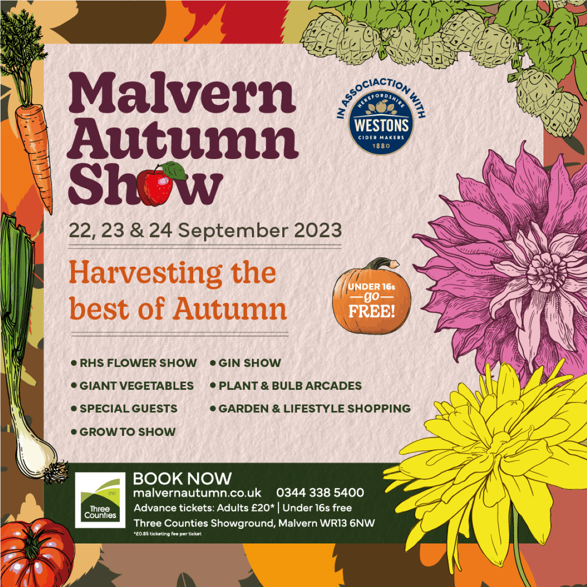 Malvern Autumn show graphic with seasonal flower, fruit and vegetable illistrations