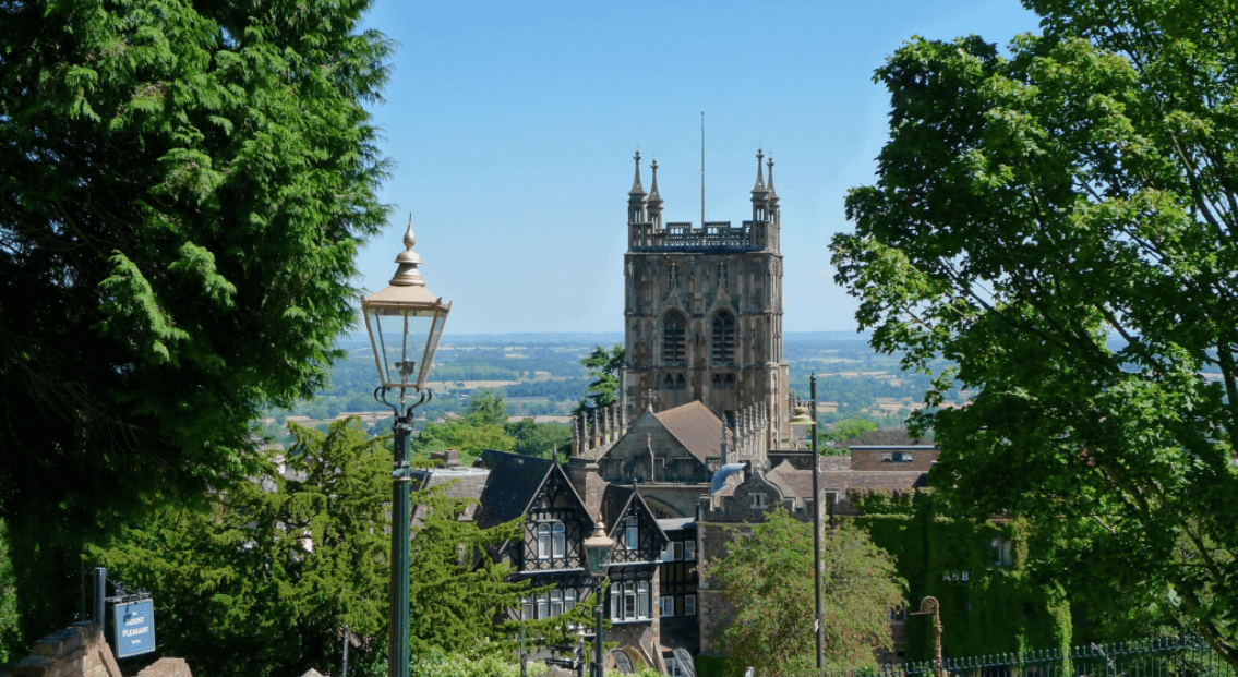 Gas Lamp and view of Great Malvern Priory