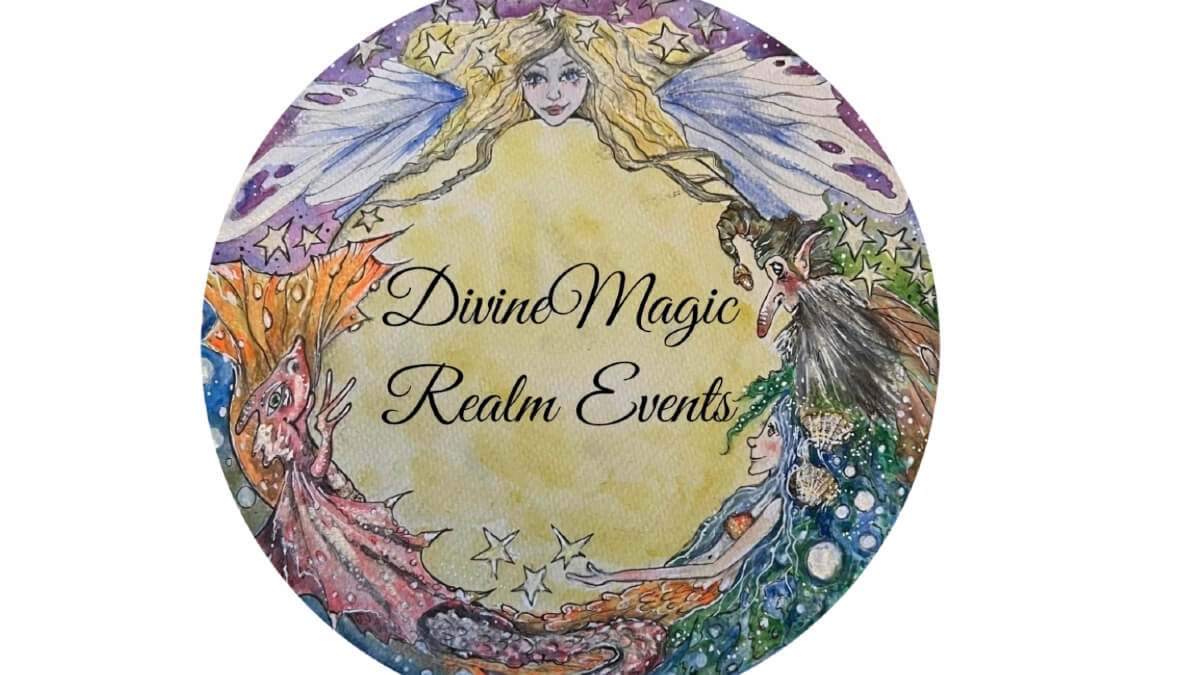 Round logo for Divine Magic Realm Events with images of fairies, dragon and stars