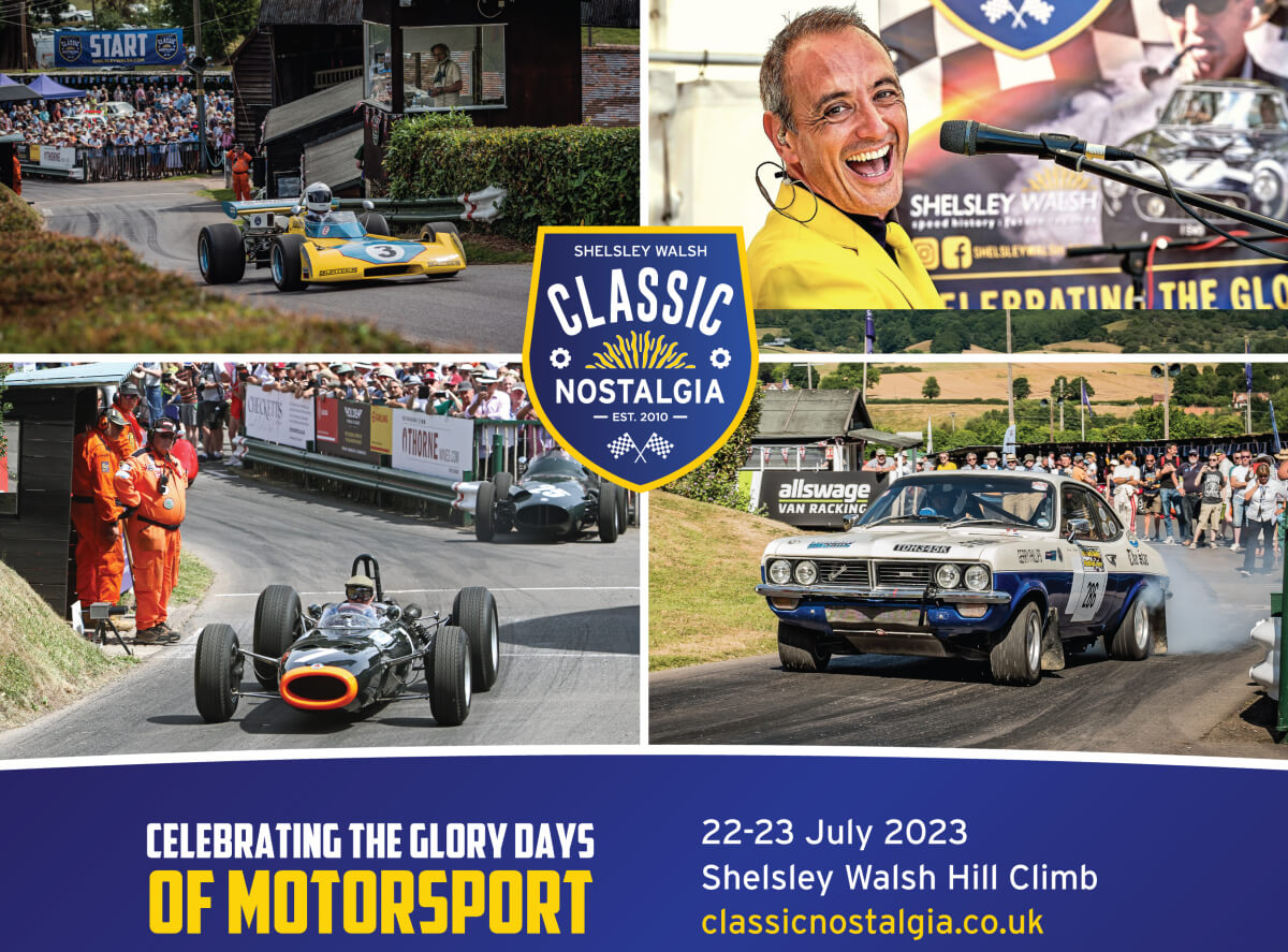 Classic Nostalgia advert, 3 images of cars on the hill climb and a commentator.
