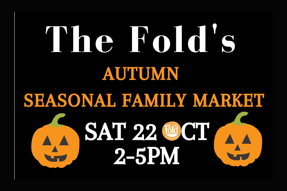 The Fold's Autumn Market on a black background with 2 pumpkins