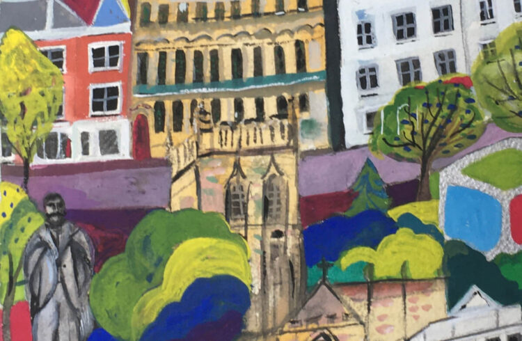 Colourful painting depicting the Priory, building in Great Malvern and Elgar statue.