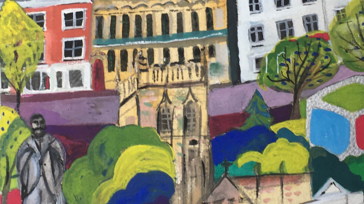 Colourful painting by Kate Wrigglesworth depicting the Priory, building in Great Malvern and Elgar statue.
