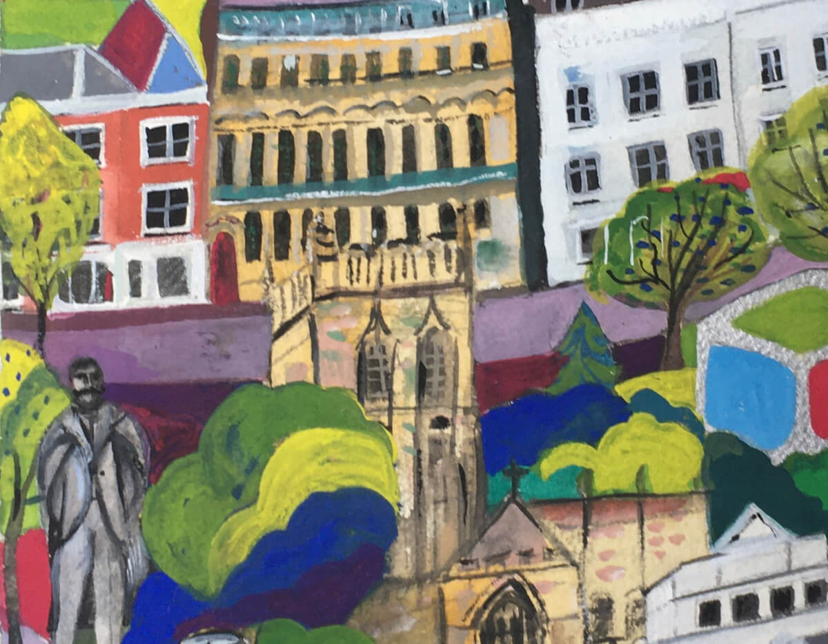 Colourful painting depicting the Priory, building in Great Malvern and Elgar statue.