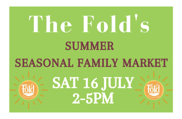 The Folds Summer Seasonal market on a green background with 2 suns.