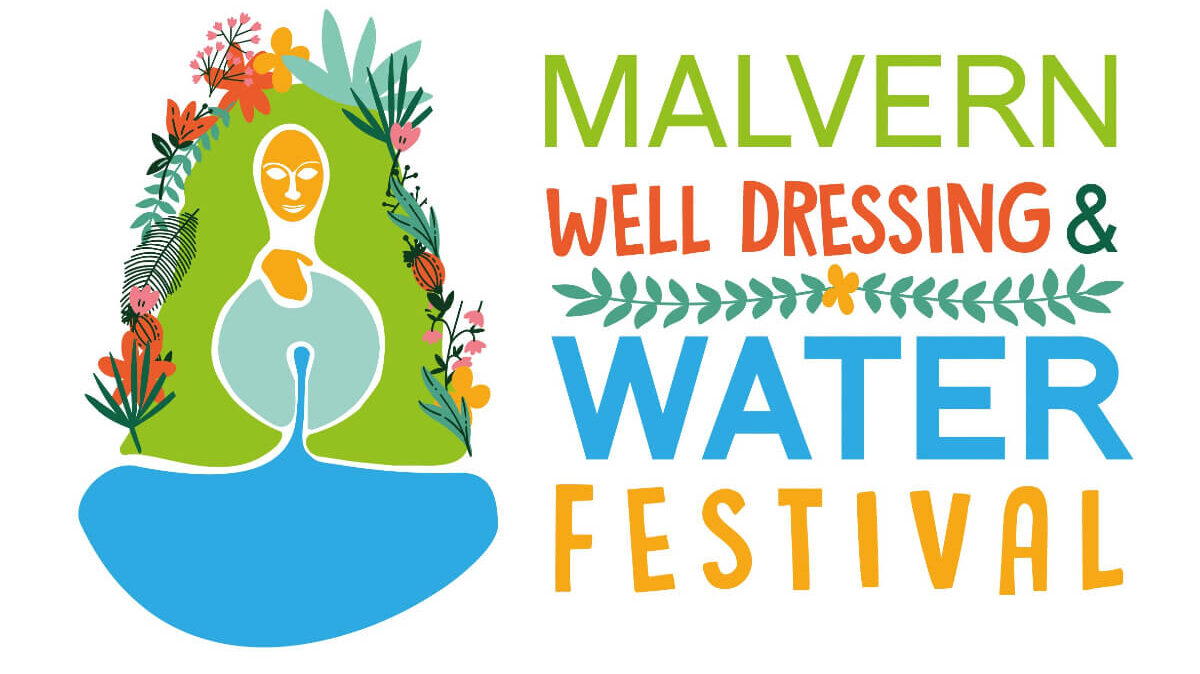 Malvern Well Dressing Logo, a green and blue drawing of the fountain, Malvhina, decorated with flowers