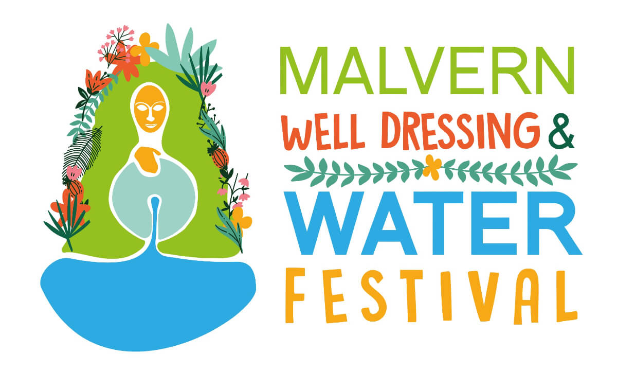 Malvern Well Dressing Logo, a green and blue drawing of the fountain, Malvhina, decorated with flowers