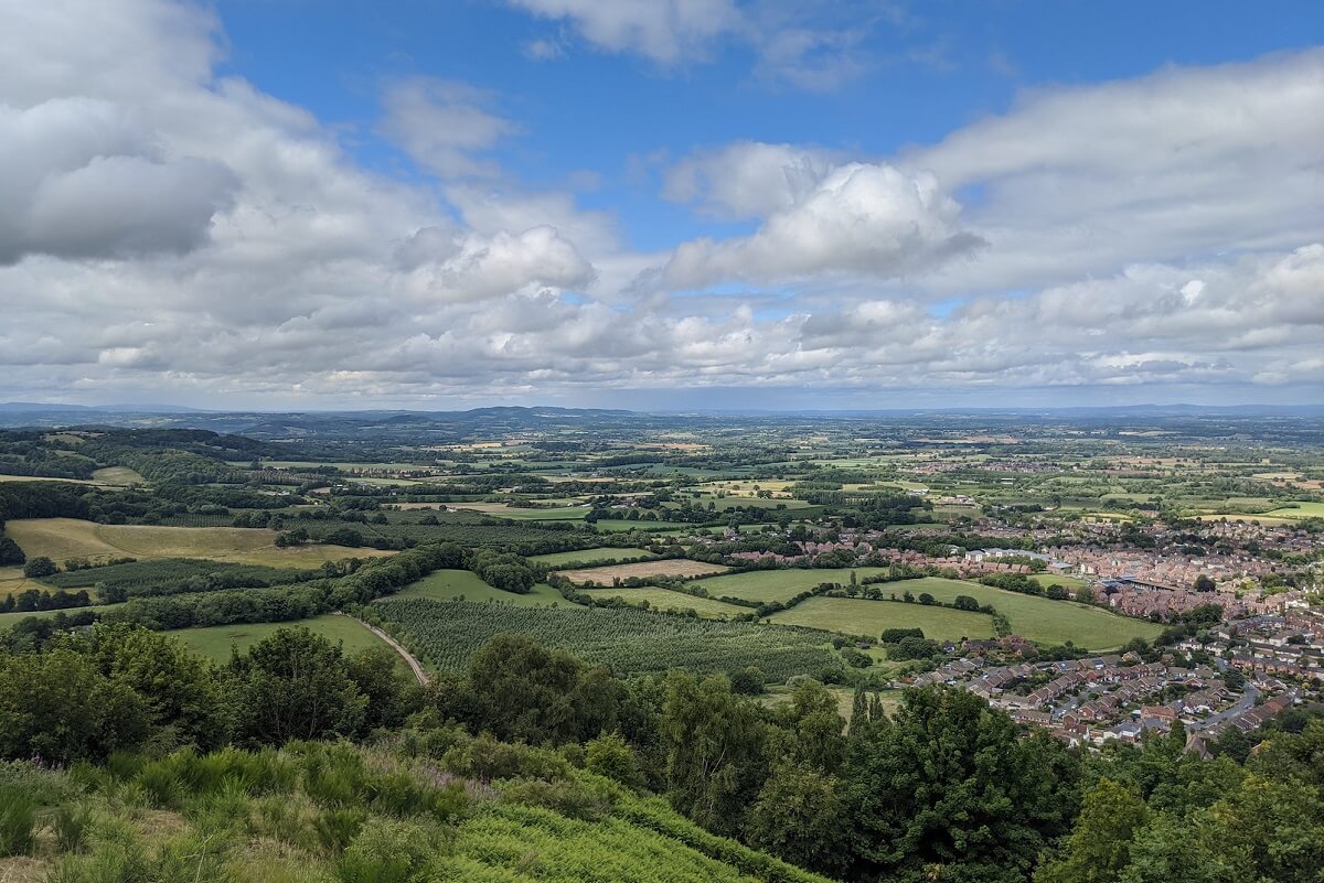 View looking north from the Malvern Hills with town, orchards and fields visible