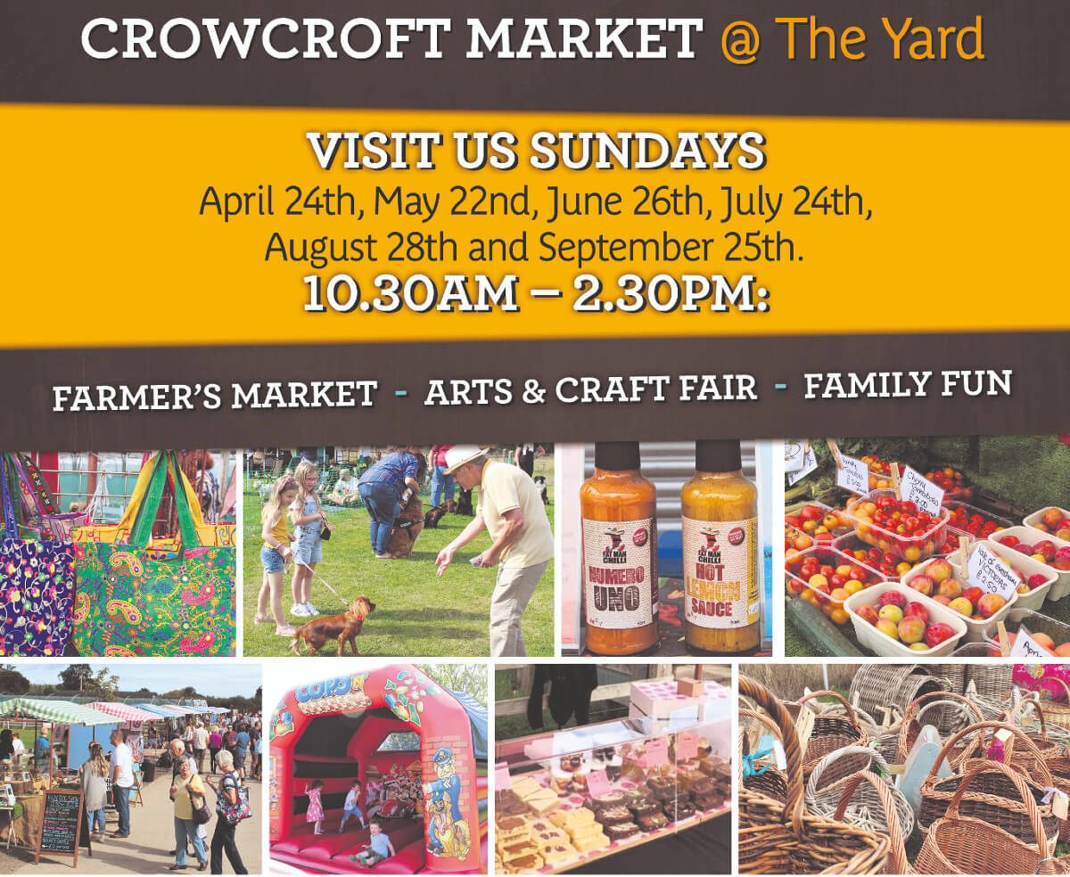 Crowcroft market leaflet, images of food, stalls, bouncy castle, dog show