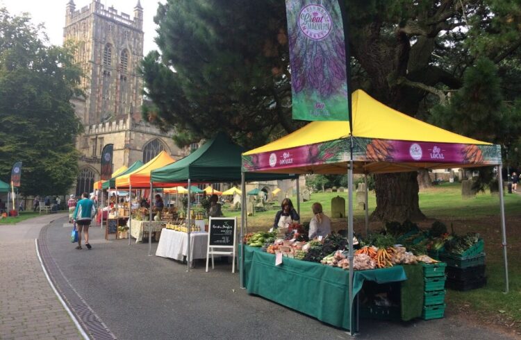 Stalls for The Great Malvern Farmers Market in the Priory grounds