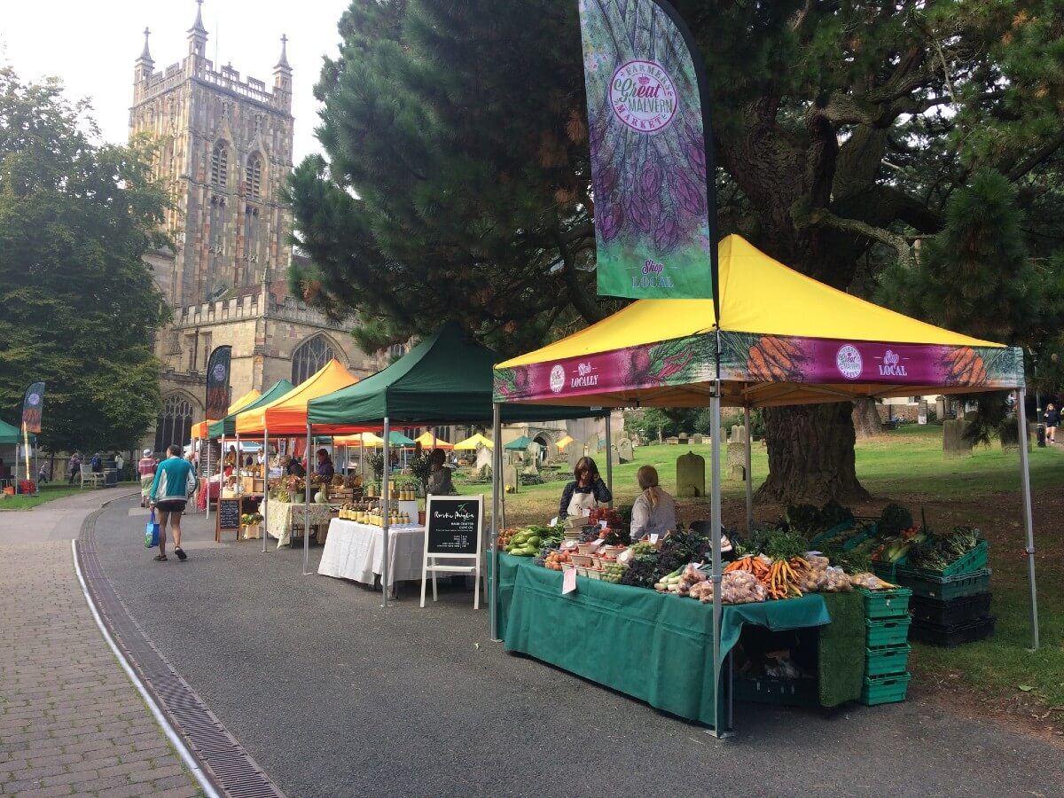 Stalls for The Great Malvern Farmers Market in the Priory grounds