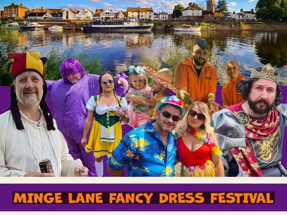 Poster Showing Upton and a selection of people in fancy dress including a King