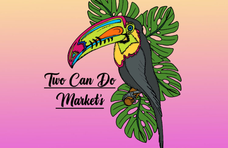 A toucan with leaves on a pink and orange background
