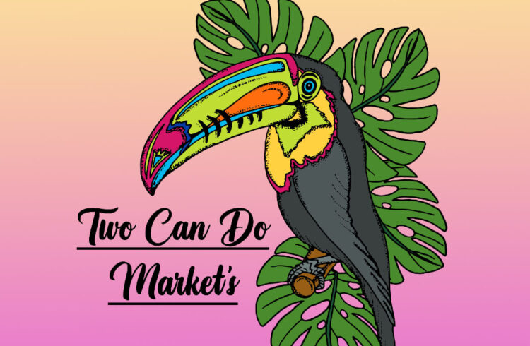 A toucan with leaves on a pink and orange background
