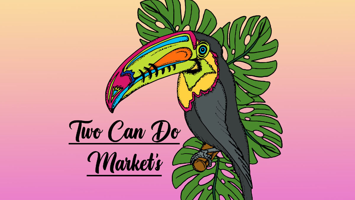 A toucan with leaves on a pink and orange background