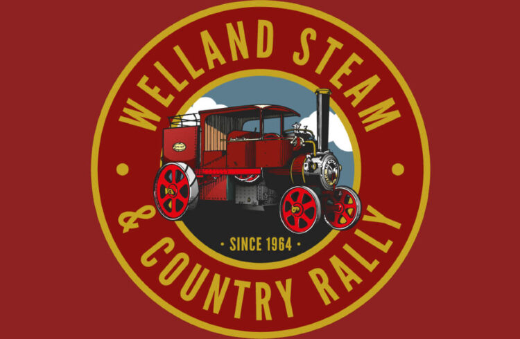 Welland Steam Rally Logo. Red and gold circle wit steam engine in the middle