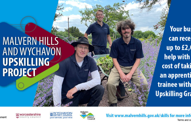 Graphics explaining the upskilling grant overlaid with three apprentices in gardening wear smiling