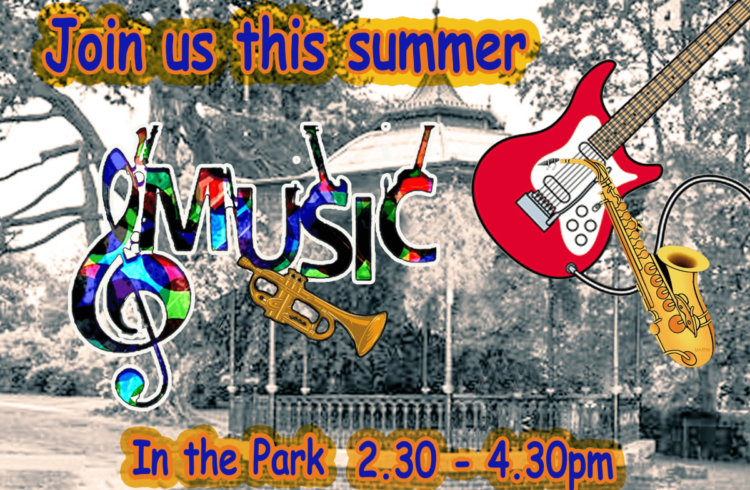 Music in the park poster with a black and white image of Priory Park bandstand overlaid with text and instruments