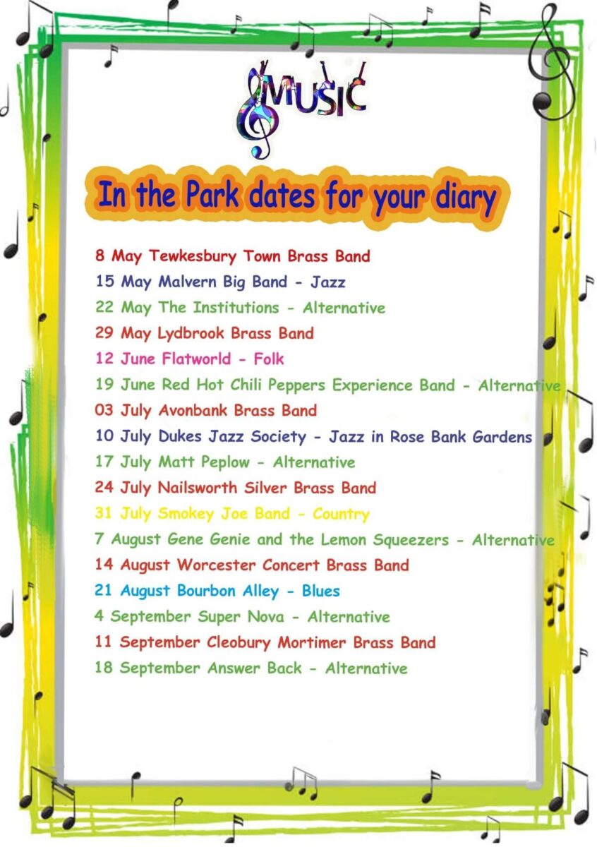 A poster with all the band in the park acts and dates decorated with bright colours and musical notes 