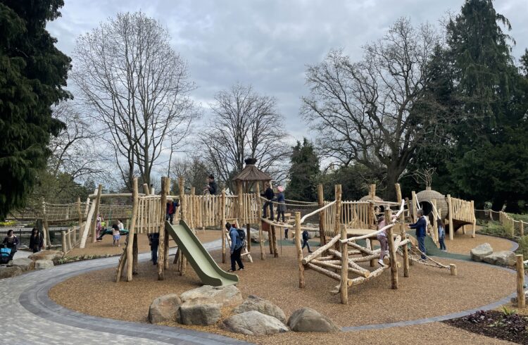 Priory Park Play Area overview showing families playing on the swing, slides and wooden climbing apparatus