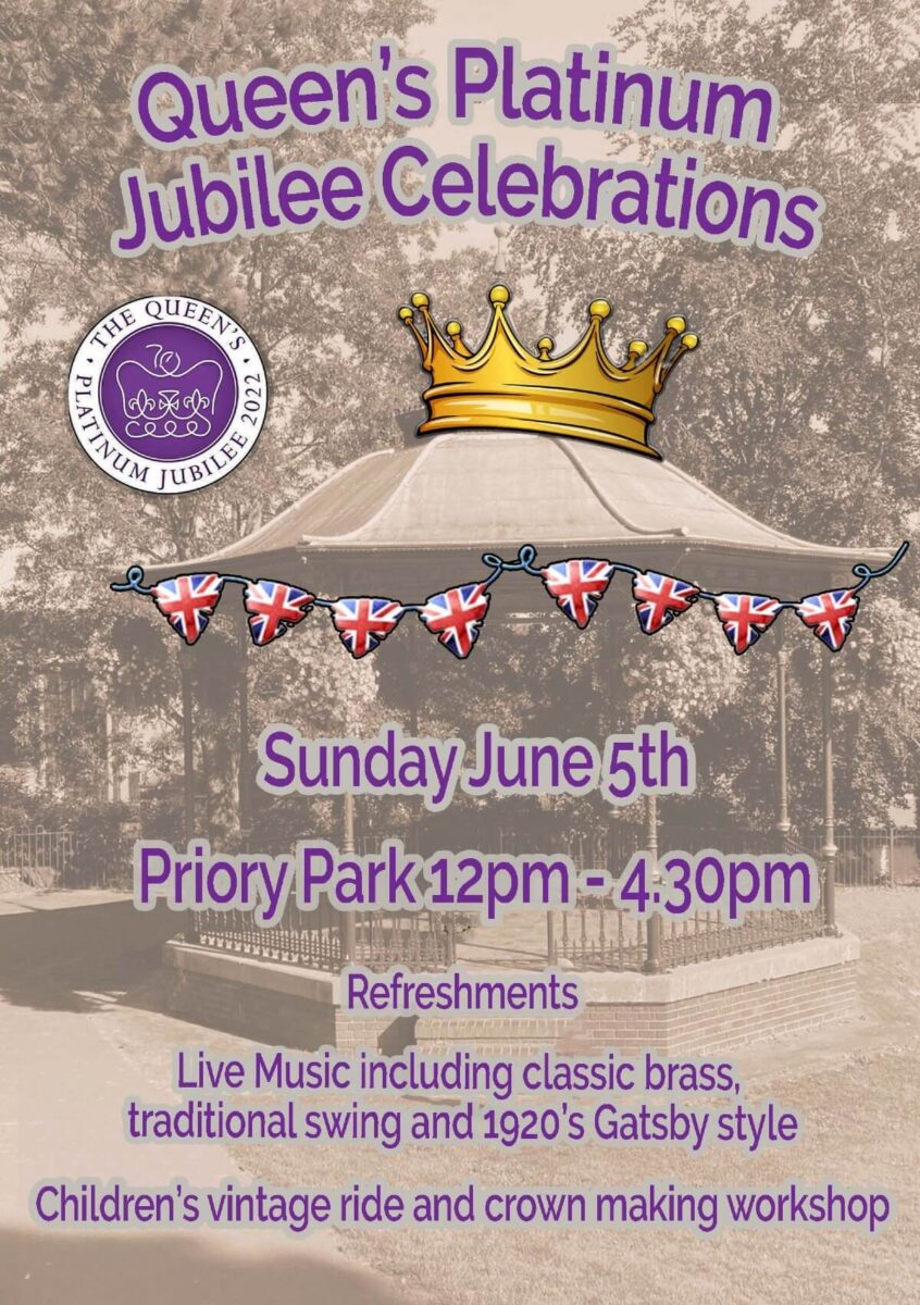 Poster for the Queens Platinum Jubilee celebrations in Malvern showing Priory park bandstand decorated with cartoon bunting and crown 