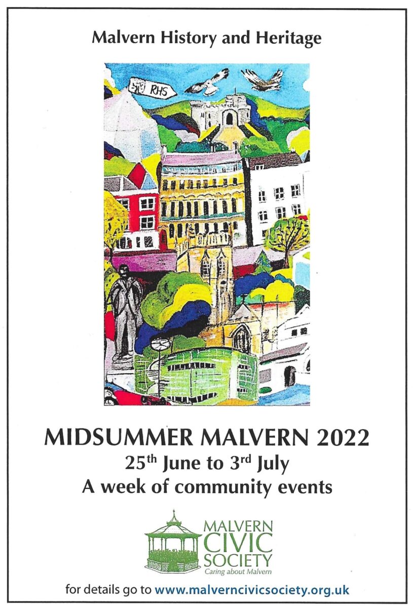 Midsummer Malvern poster with a colourful drawing of Malverns landmarks 