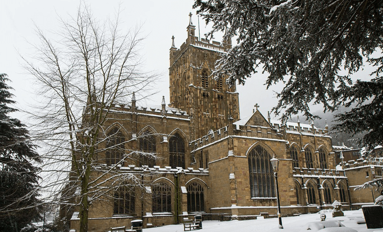 A view of Great Malvern Priory in the snow, provided by Eboracum Baroque