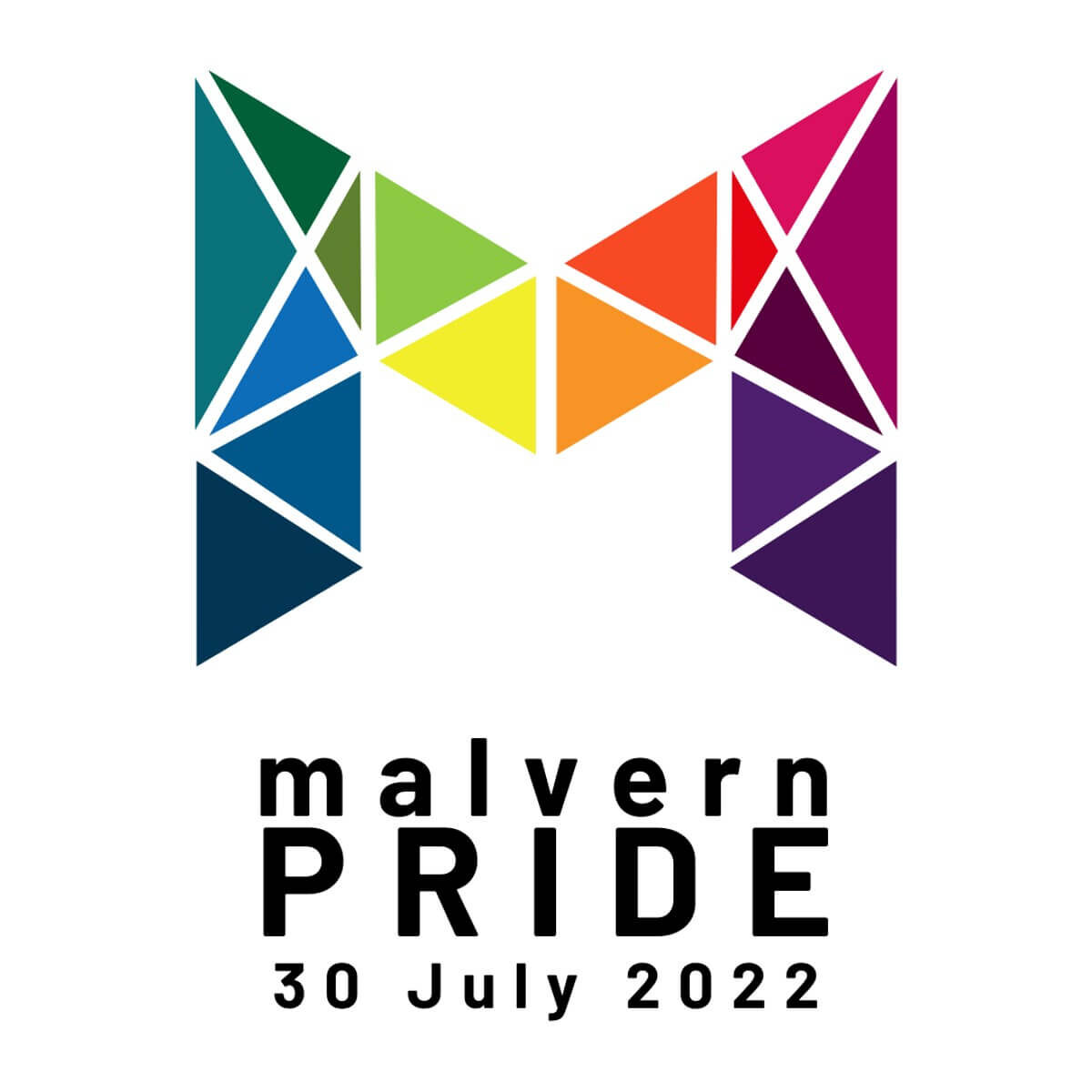 Malvern Pride Logo Featuring a geometric rainbow M
