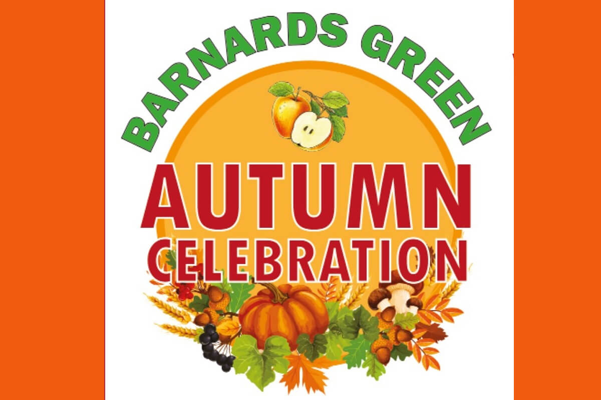 Orange circle with the words Barnards Green (in green) Autumn Celebration (in red). An image of a pumpkin, leaves and apple.
