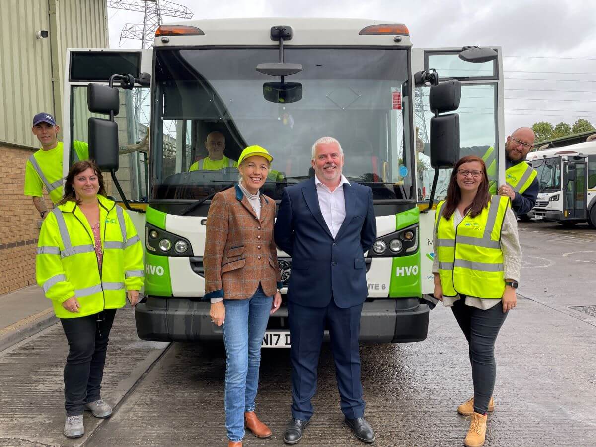 Cllr Beverley Nielsen, Portfolio Holder for Environmental Services, and Alex Bill, Operations Manager, with the Malvern Hills District Council waste team.