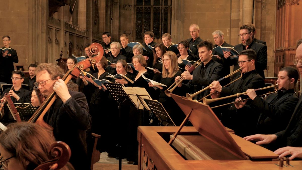 An orchestra plays in a church