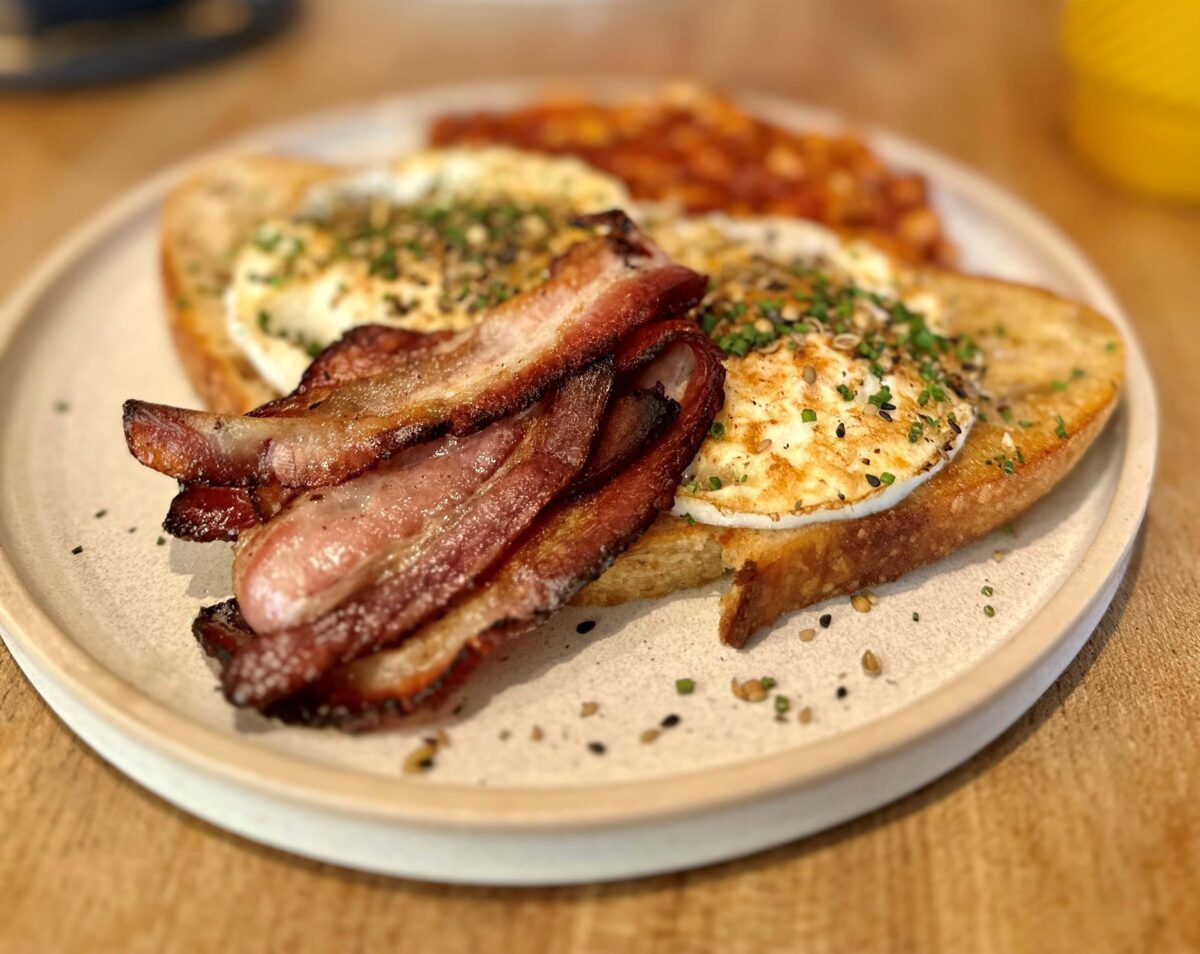 Bacon, eggs and beans on sourdough toast 