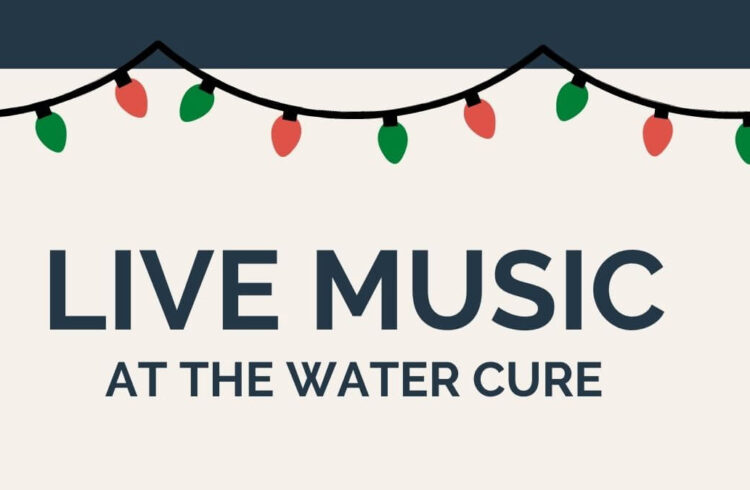 Words - 'Live Music at the Water Cure' in blue with fairy lights above