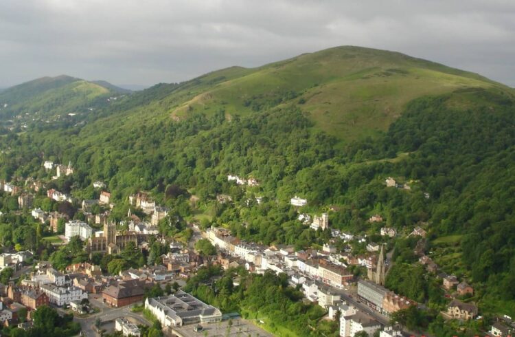 Aerial view of Great Malvern and the Malvern Hills