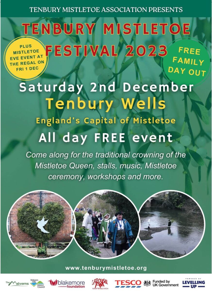 Green poster for mistletoe festival at Tenbury Wells