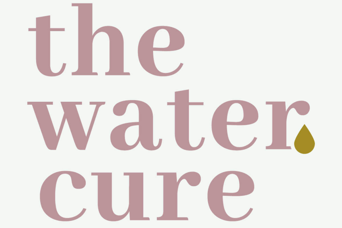 'the water cure' in pink on a white background with a gold drip coming out of the r in water.