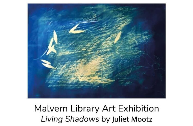 Artwork by Juliet Mootz, with exhibition title 'Living Shadows' in text below