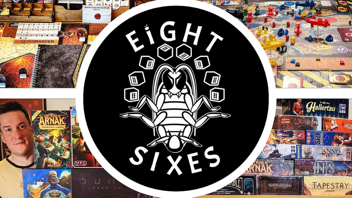 Logo of Eight Sixes - a termite juggling 8 dice