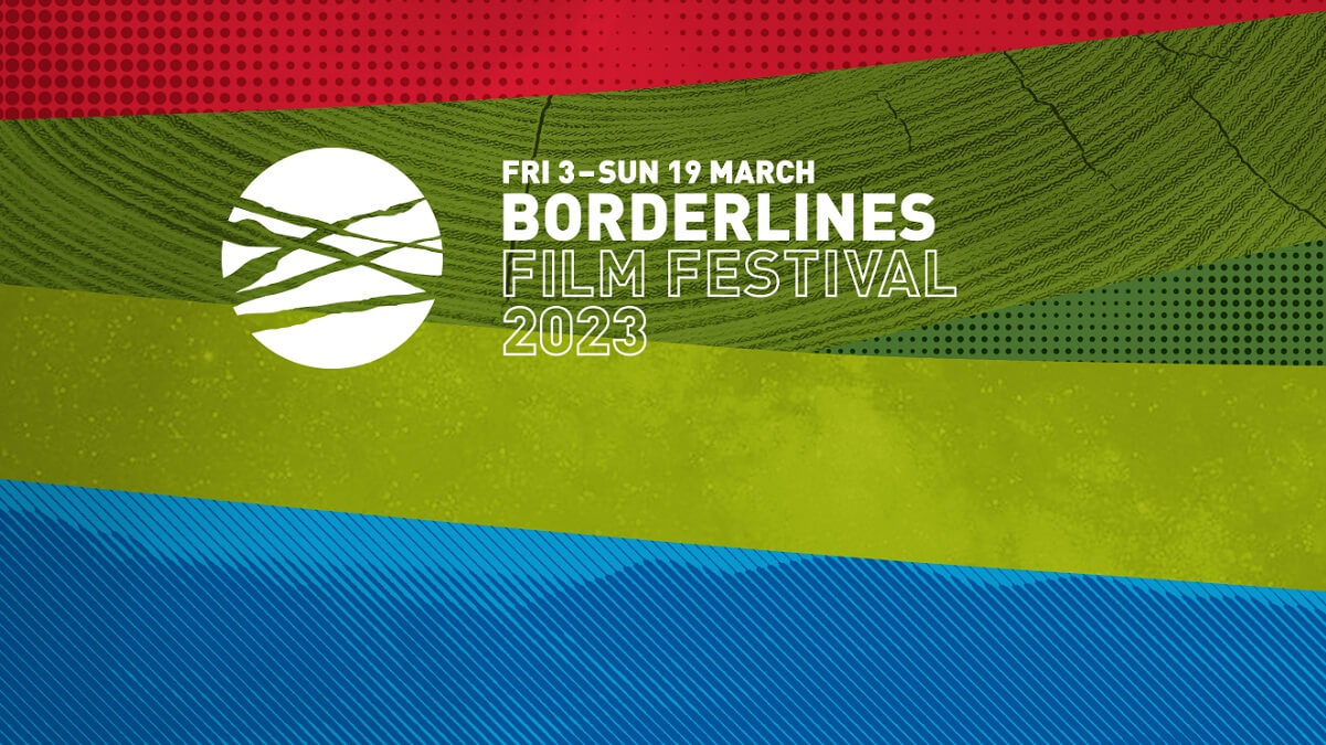 Borderlines film festival logo and text 'Fri 3 - Sun 19 March' on red, green and blue background
