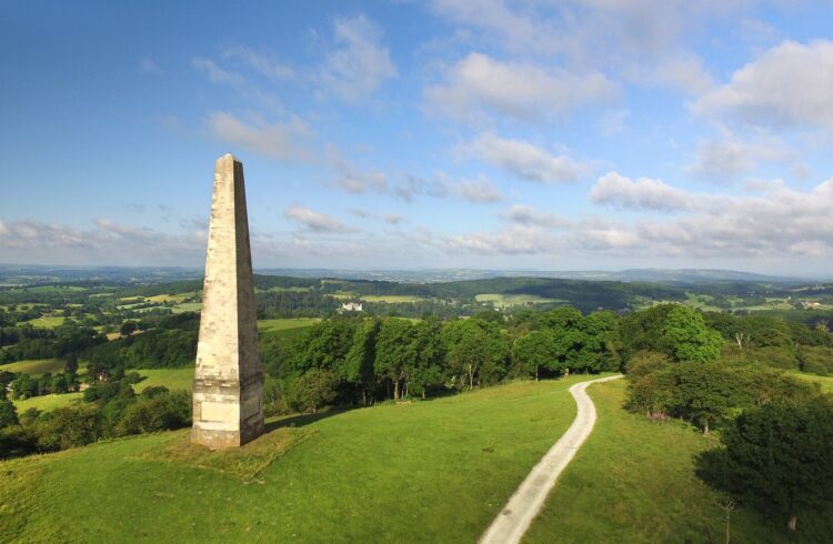 Obelisk and Eastnor Deer Park with view stretching into Herefordshire countryside