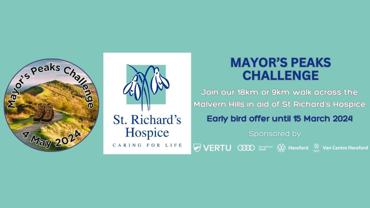 Peaks Challenge with St Richard's Hospice logo and an image of the Malvern Hills.