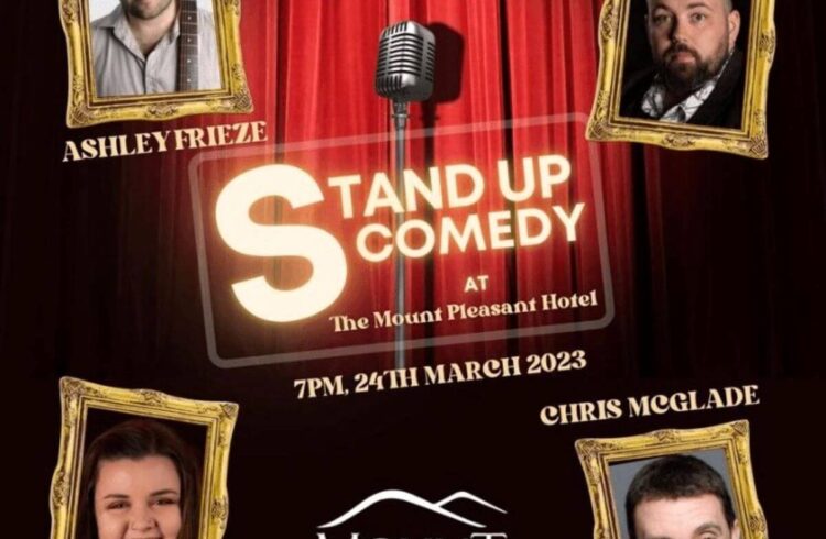 Stand up comedy night poster with red stage curtain background and framed images of the four performers