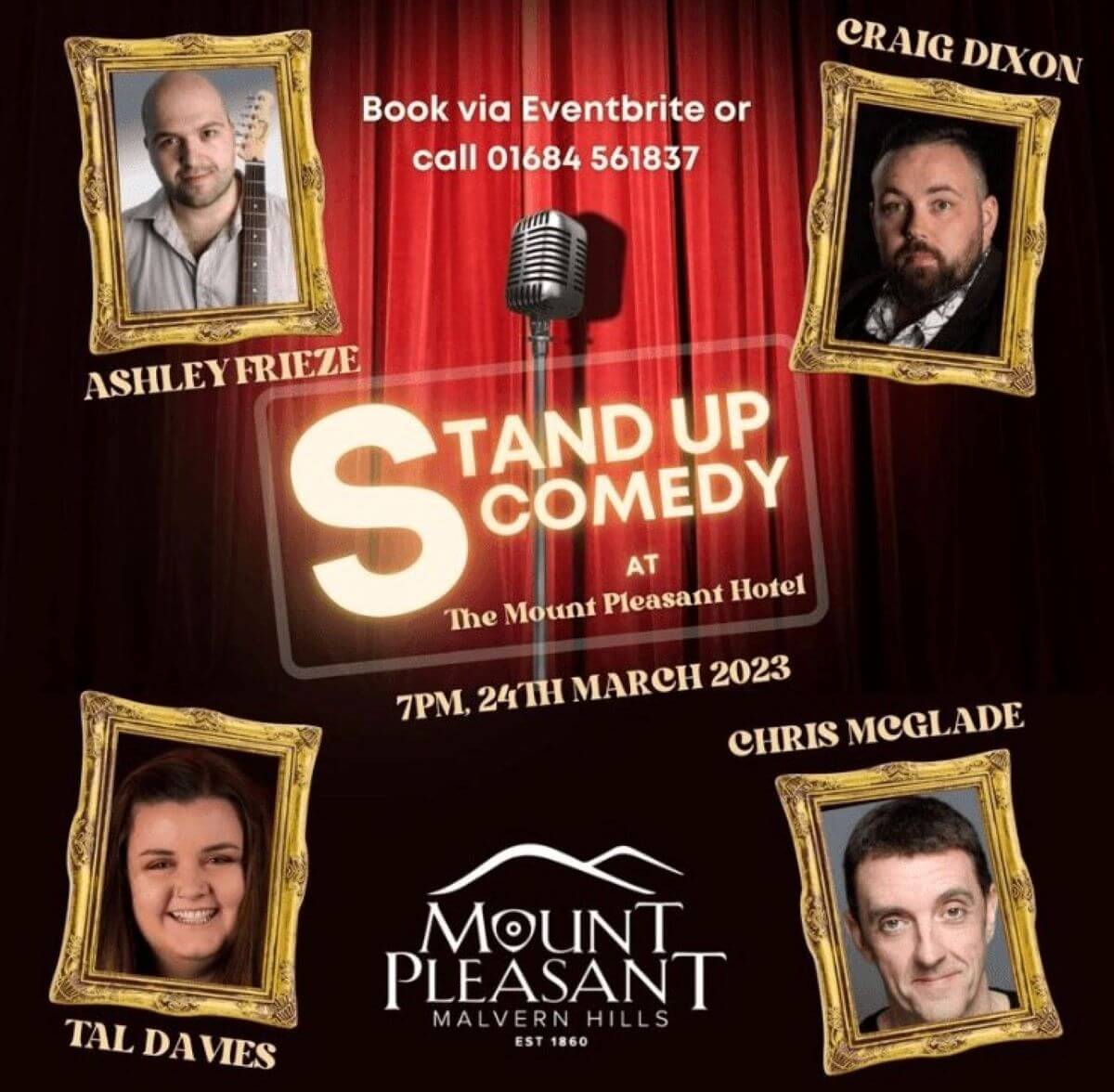 Stand up comedy night poster with red stage curtain background and framed images of the four performers