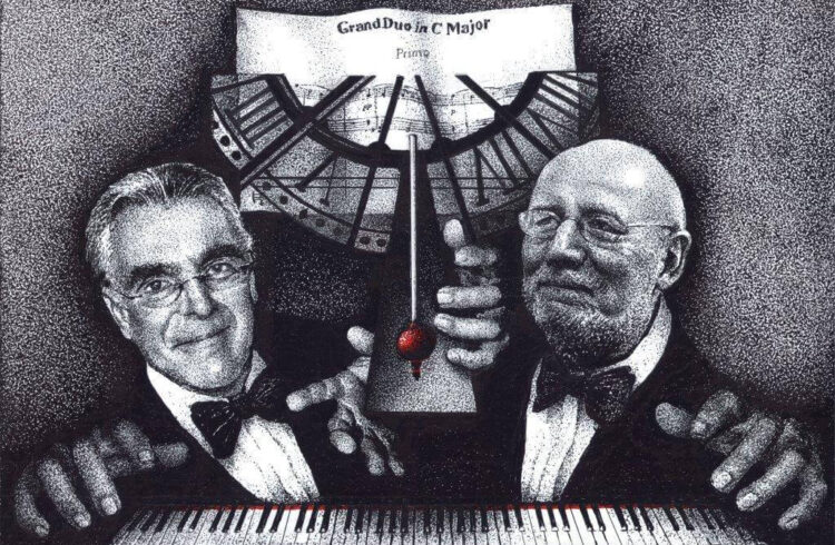 An image of 2 men from the chest up, a piano keyboard and a metronome in Black and White