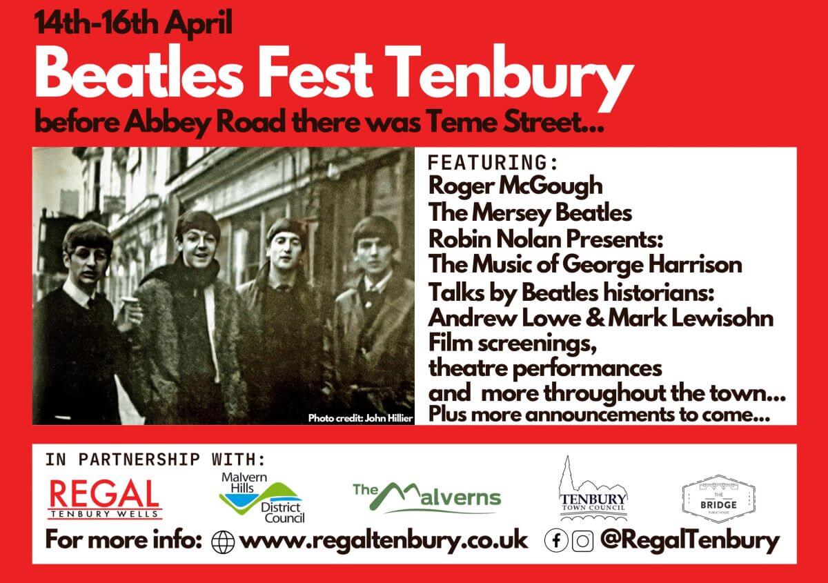 A graphic for the beatles fest showing the 4 men in a black and white photo surrounded by a red background with black and white writing