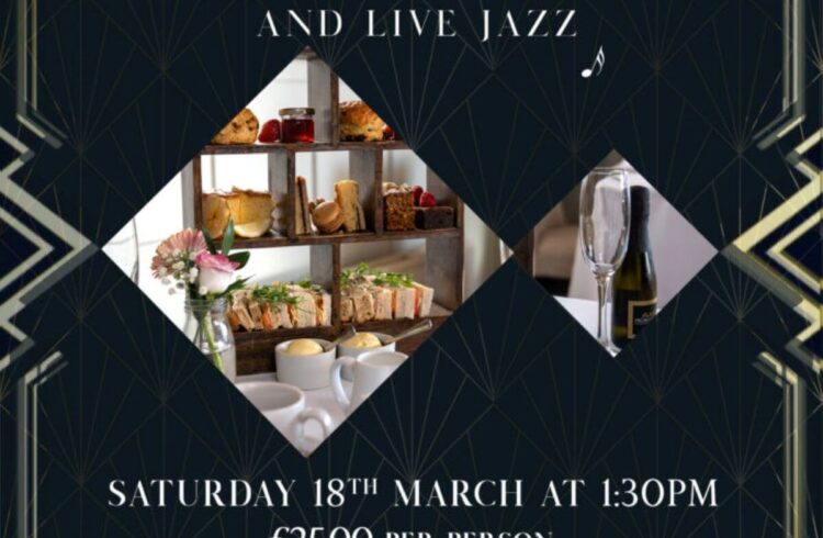 1920's style poster advertising jazz and afternoon tea. the poster is black with gold art deco patterns
