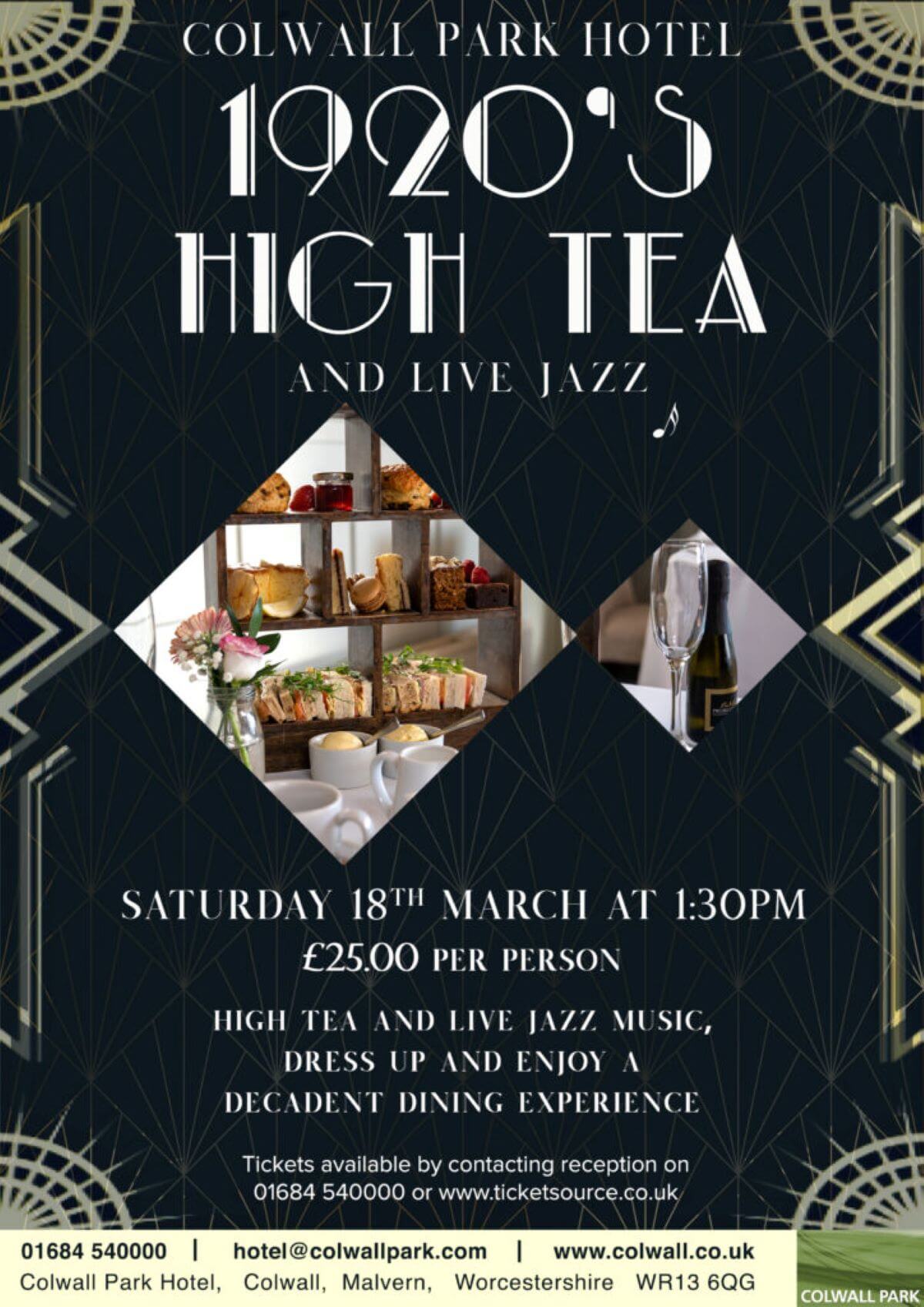 1920's style poster advertising jazz and afternoon tea. the poster is black with gold art deco patterns