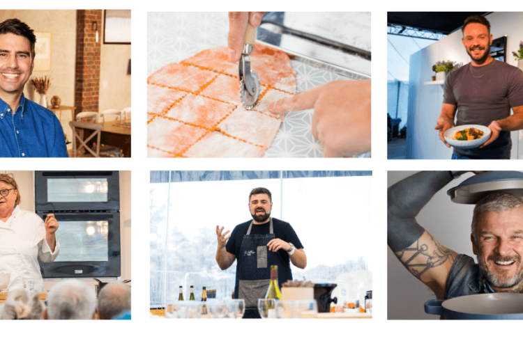 a series of 6 images showing talks, food demonstrations and tv chefs