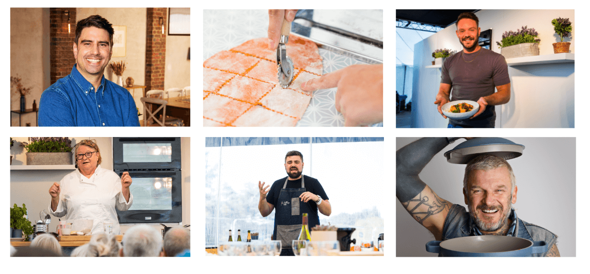 a series of 6 images showing talks, food demonstrations and tv chefs
